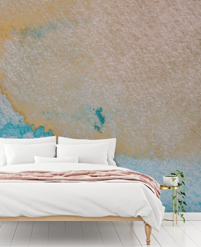 mural oceánico abstracto personalizado azul y dorado llamado Oceanic Breeze de Bilge Paksoylu para baños