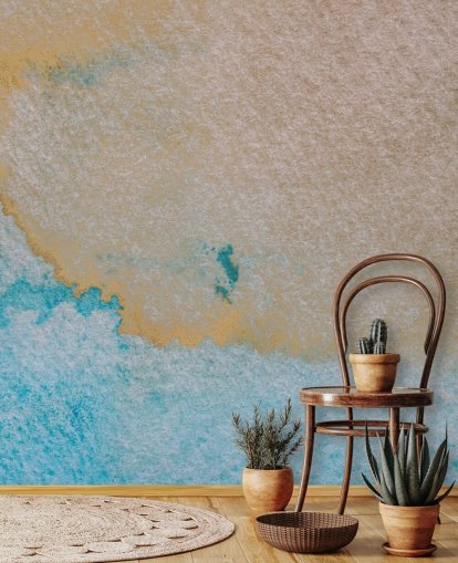 blauwe en gouden op maat gemaakte abstracte oceaanmuurschildering genaamd Oceanic Breeze van Bilge Paksoylu voor badkamers blauwe en gouden op maat gemaakte abstracte oceaanmuurschildering genaamd Oceanic Breeze van Bilge Paksoylu voor badkamers