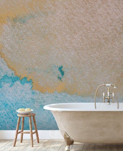 maßgefertigtes abstraktes Ozean-Wandbild in Blau und Gold namens Oceanic Breeze von Bilge Paksoylu für Badezimmer