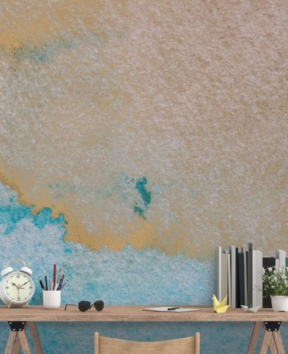murale oceanico astratto personalizzato blu e oro chiamato Oceanic Breeze di Bilge Paksoylu per bagni