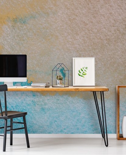 blauwe en gouden op maat gemaakte abstracte oceaanmuurschildering genaamd Oceanic Breeze van Bilge Paksoylu voor badkamers