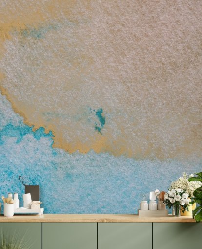 blue and gold custom abstract ocean mural called Oceanic Breeze by Bilge Paksoylu for bathrooms