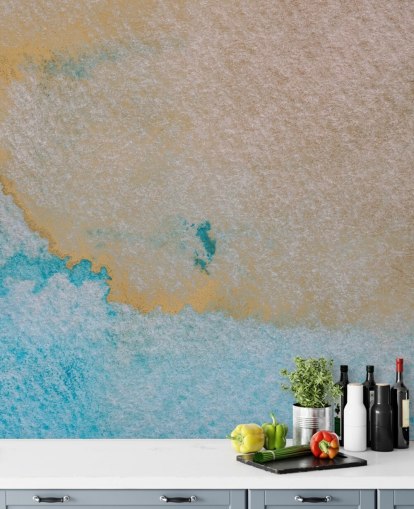 blue and gold custom abstract ocean mural called Oceanic Breeze by Bilge Paksoylu for bathrooms