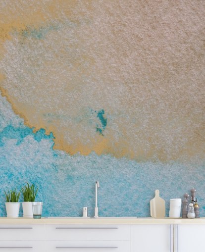 mural oceánico abstracto personalizado azul y dorado llamado Oceanic Breeze de Bilge Paksoylu para baños