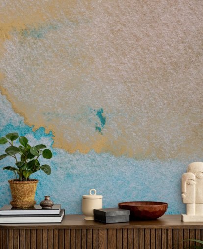 peinture murale abstraite personnalisée bleue et dorée appelée Oceanic Breeze par Bilge Paksoylu pour salles de bains peinture murale abstraite personnalisée bleue et dorée appelée Oceanic Breeze par Bilge Paksoylu pour salles de bains