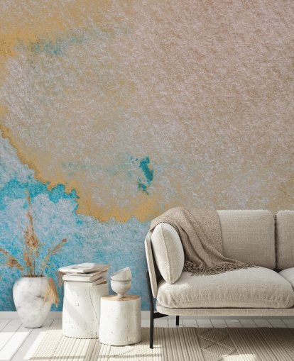 blauwe en gouden op maat gemaakte abstracte oceaanmuurschildering genaamd Oceanic Breeze van Bilge Paksoylu voor badkamers