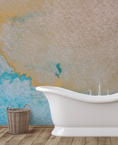 mural oceánico abstracto personalizado azul y dorado llamado Oceanic Breeze de Bilge Paksoylu para baños