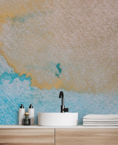 blue and gold custom abstract ocean mural called Oceanic Breeze by Bilge Paksoylu for bathrooms
