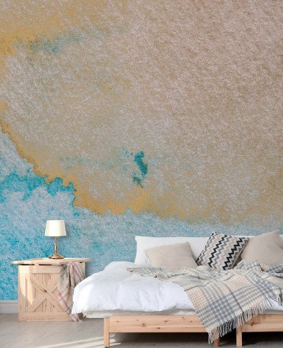 mural oceánico abstracto personalizado azul y dorado llamado Oceanic Breeze de Bilge Paksoylu para baños