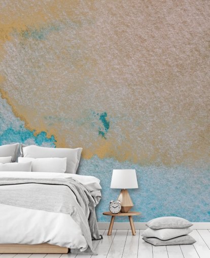 mural oceánico abstracto personalizado azul y dorado llamado Oceanic Breeze de Bilge Paksoylu para baños mural oceánico abstracto personalizado azul y dorado llamado Oceanic Breeze de Bilge Paksoylu para baños