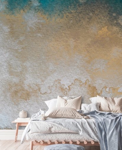 mural personalizado abstracto gris y dorado llamado Waves of Serenity de Bilge Paksoylu