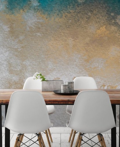 grijze en gouden abstracte muurschildering op maat genaamd Waves of Serenity van Bilge Paksoylu