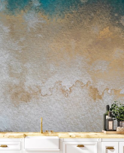 mural personalizado abstrato cinza e dourado chamado Waves of Serenity de Bilge Paksoylu