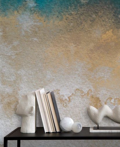 grey and gold abstract custom mural called Waves of Serenity by Bilge Paksoylu