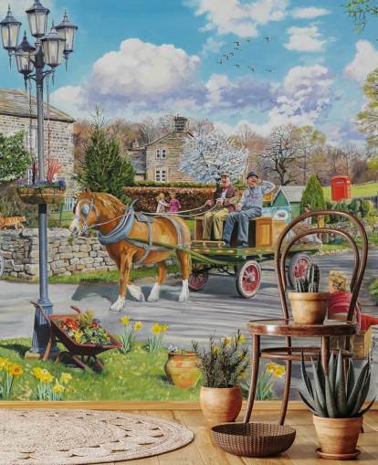 hommes de chiffon et d'os sur un cheval et une charrette dans le papier peint du village