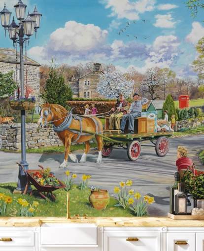 hommes de chiffon et d'os sur un cheval et une charrette dans le papier peint du village