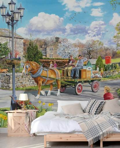 uomini di straccio e ossa su un cavallo e un carro in carta da parati villaggio