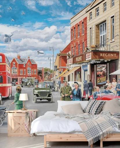 1940s straat in een stad behang