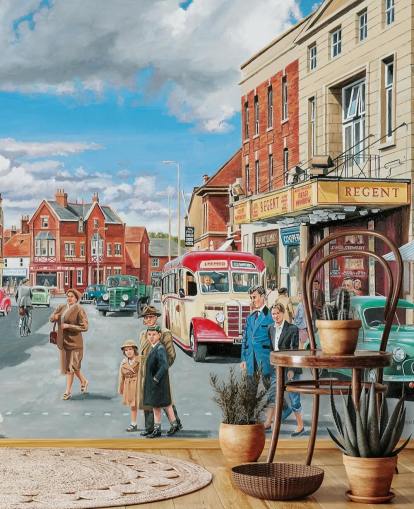 1950s street view in een stadsbehang