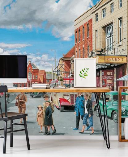 1950'erne street view i en by tapet