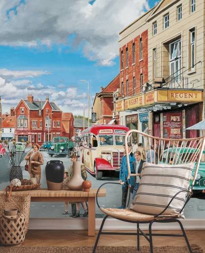 1950s street view in een stadsbehang