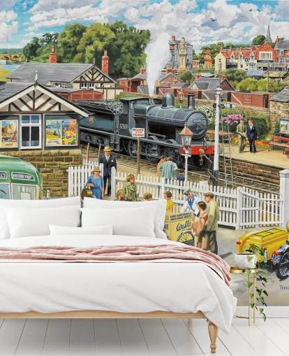 old fashioned train station wallpaper