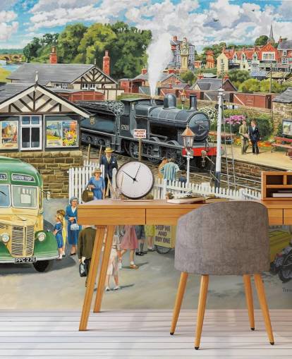 old fashioned train station wallpaper