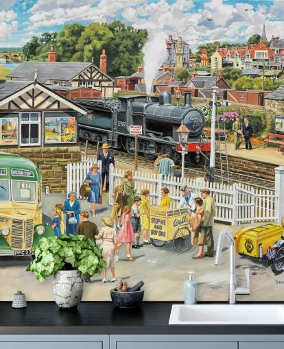 papel de parede de estação de trem à moda antiga