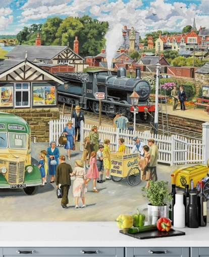 old fashioned train station wallpaper