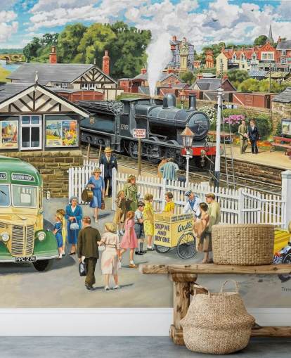 old fashioned train station wallpaper