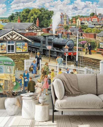 old fashioned train station wallpaper