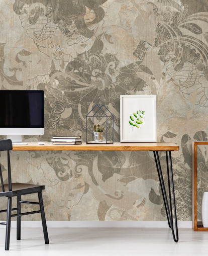 luonnollinen mukautettu abstrakti kasvitieteellinen seinämaalaus nimeltä Abstract Neutral Botanical, kirjoittanut Edina Jeremscuk