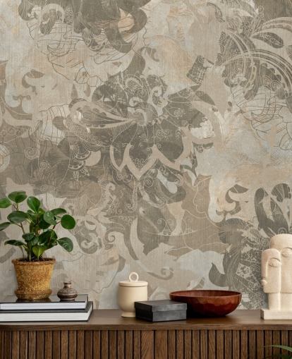 luonnollinen mukautettu abstrakti kasvitieteellinen seinämaalaus nimeltä Abstract Neutral Botanical, kirjoittanut Edina Jeremscuk