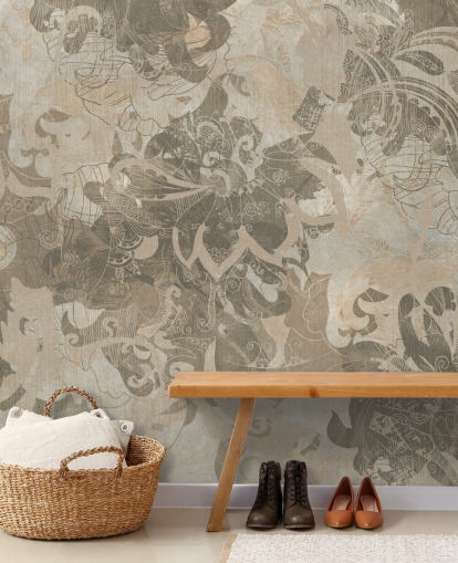 luonnollinen mukautettu abstrakti kasvitieteellinen seinämaalaus nimeltä Abstract Neutral Botanical, kirjoittanut Edina Jeremscuk