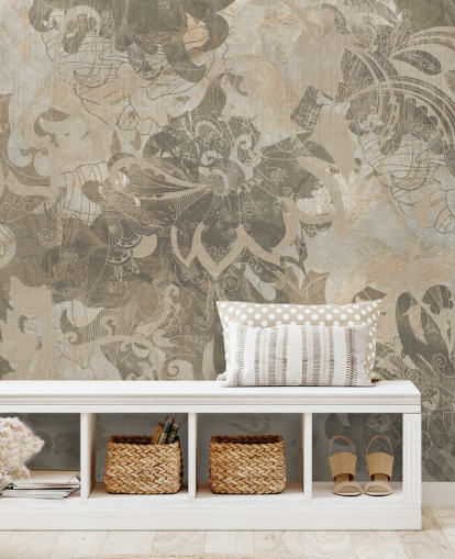 luonnollinen mukautettu abstrakti kasvitieteellinen seinämaalaus nimeltä Abstract Neutral Botanical, kirjoittanut Edina Jeremscuk