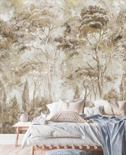 mural de floresta de sépia chamado Antique Woodland Landscape, de Edina Jeremscuk 