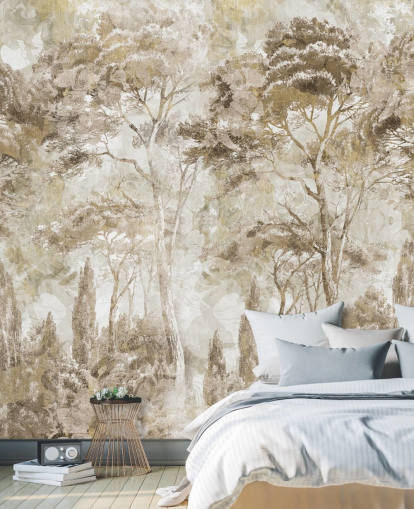 Sepia-Wald-Wandbild mit dem Titel Antique Woodland Landscape von Edina Jeremscuk 