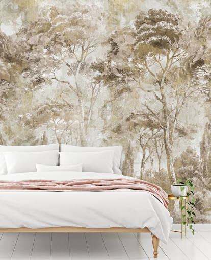 sepia forest mural called Antique Woodland Landscape by Edina Jeremscuk 