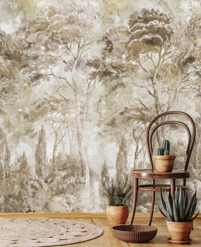 sepia-bosmuurschildering genaamd Antique Woodland Landscape door Edina Jeremscuk sepia-bosmuurschildering genaamd Antique Woodland Landscape door Edina Jeremscuk