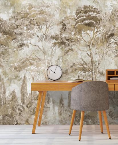 mural de floresta de sépia chamado Antique Woodland Landscape, de Edina Jeremscuk 