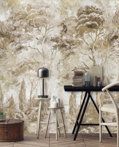 Sepia-Wald-Wandbild mit dem Titel Antique Woodland Landscape von Edina Jeremscuk 