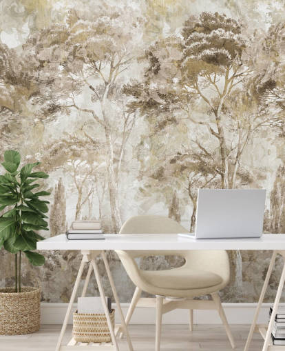 sepia forest mural called Antique Woodland Landscape by Edina Jeremscuk 