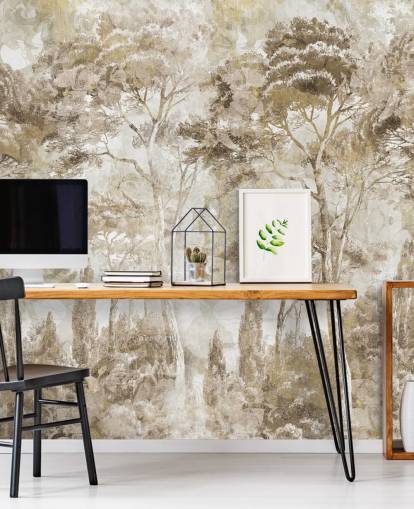 sepia forest mural called Antique Woodland Landscape by Edina Jeremscuk 