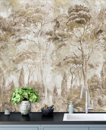 sepia forest mural called Antique Woodland Landscape by Edina Jeremscuk 