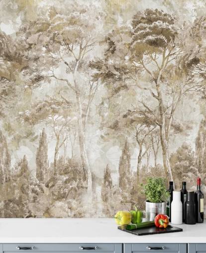 mural de bosque sepia llamado Antique Woodland Landscape de Edina Jeremscuk 