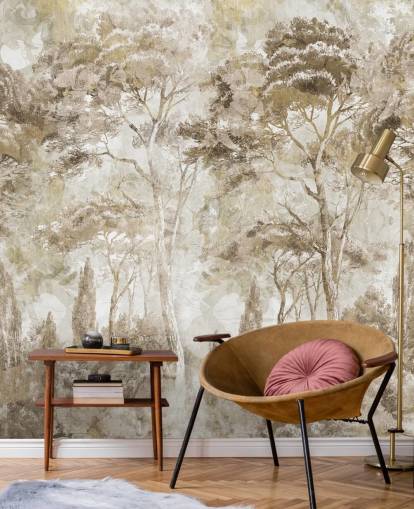 sepia forest mural called Antique Woodland Landscape by Edina Jeremscuk 