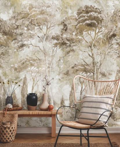 mural de floresta de sépia chamado Antique Woodland Landscape, de Edina Jeremscuk 