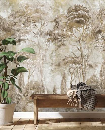 sepia forest mural called Antique Woodland Landscape by Edina Jeremscuk 