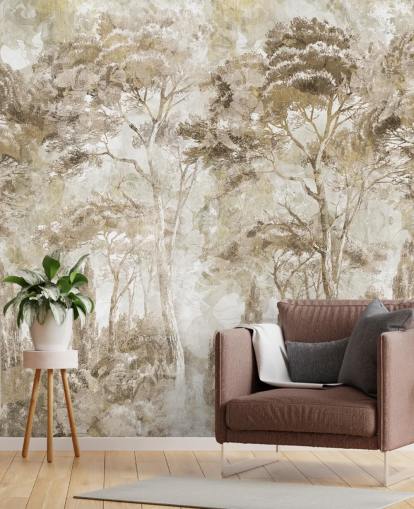 sepia forest mural called Antique Woodland Landscape by Edina Jeremscuk 