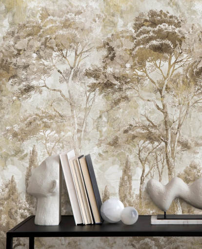 sepia forest mural called Antique Woodland Landscape by Edina Jeremscuk 